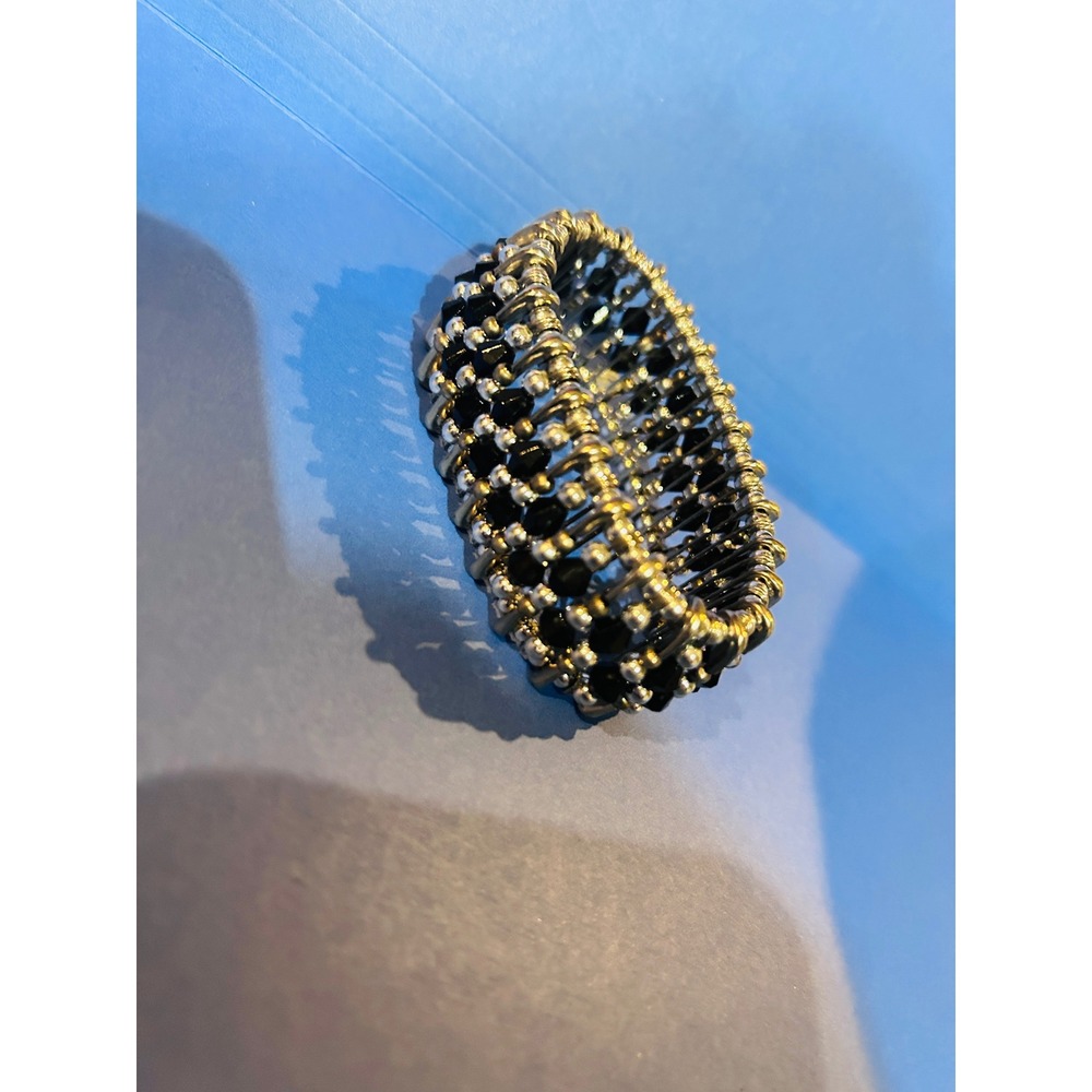 Unbranded Safety Pin Beaded Stretch Cuff Bracelet Unisex OS Gold Black Excellent